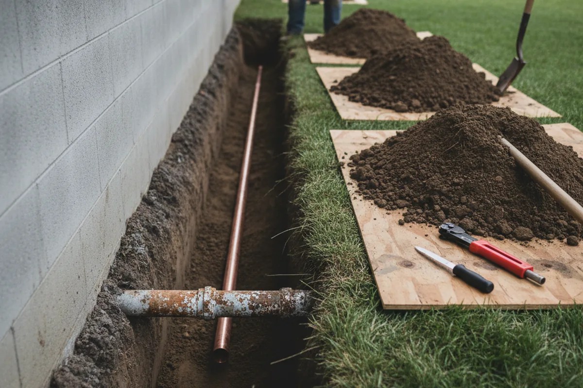 Excavated water line trench during Sewer Line Repair in Coldiron